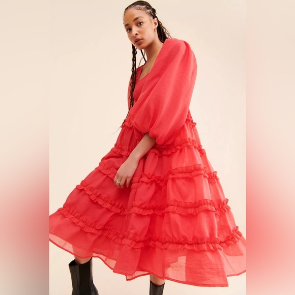 Dream Sister Jane Square Neck Puff Sleeve Tiered Organza Midi Dress - Picture 4 of 9